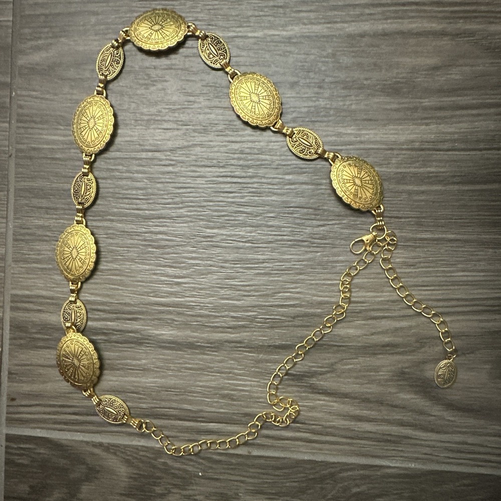 Gold Tone Medallion Chain Belt Adjustable w/ Lobster Clasp Extension Chain